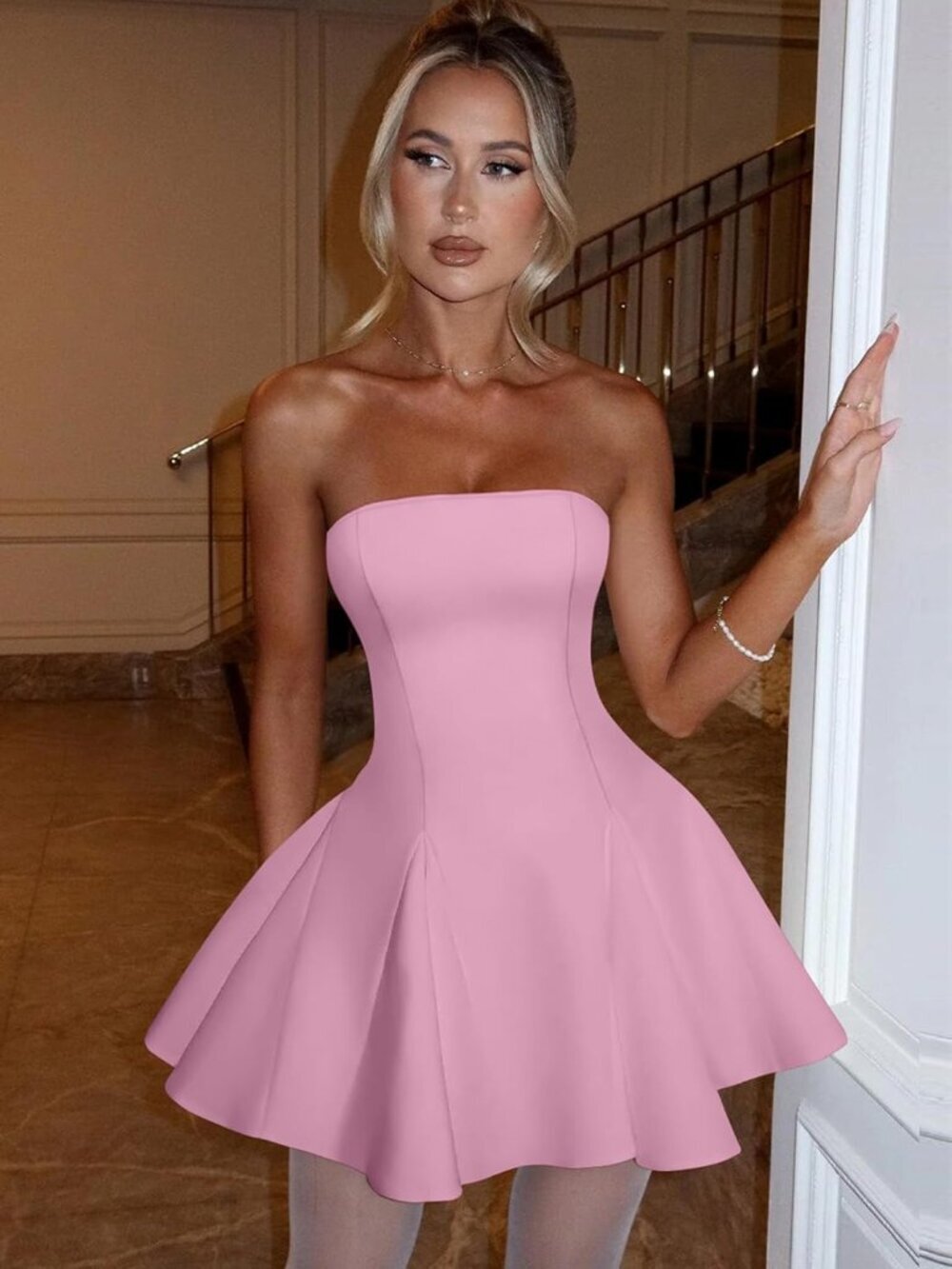 Women's Pink Strapless Homecoming Off The Shoulder Sleeveless Mini Dress - Picture 2 of 6